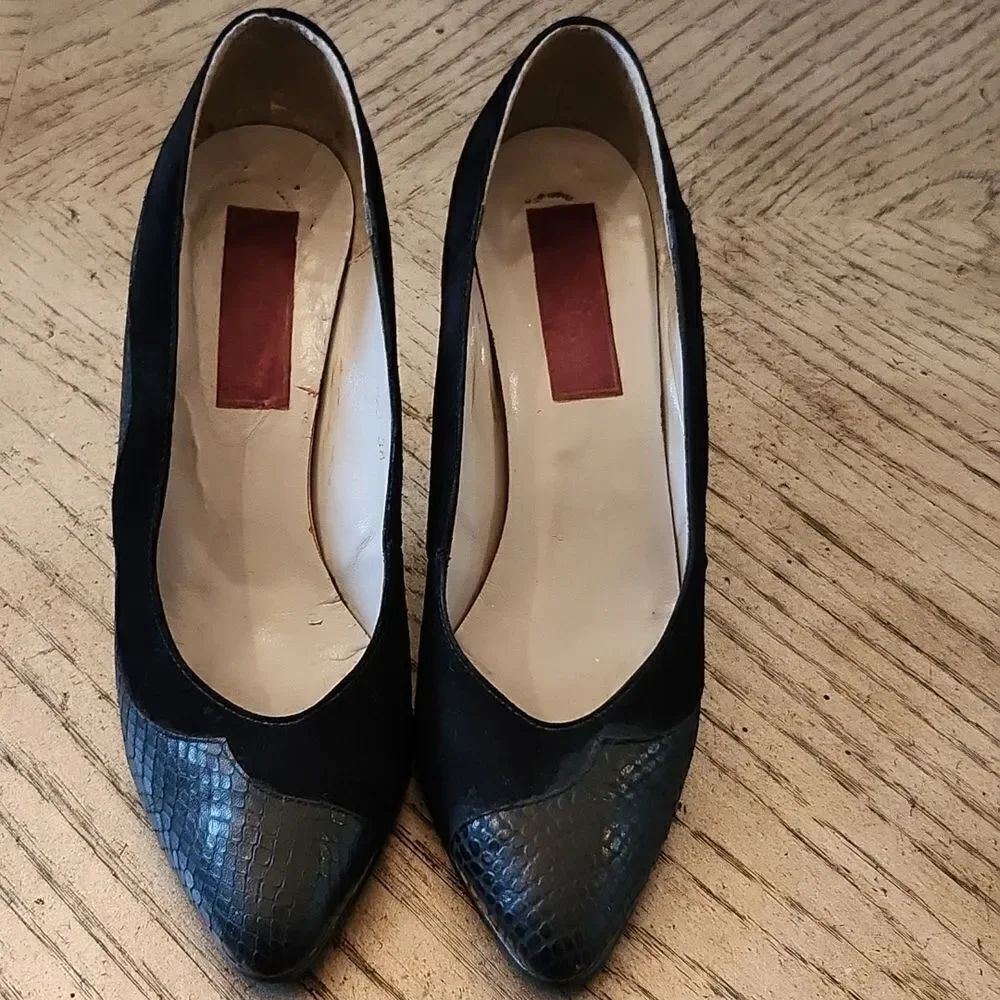 Leather snake skin suede vintage pumps size 38 made in France - Picture 2 of 9